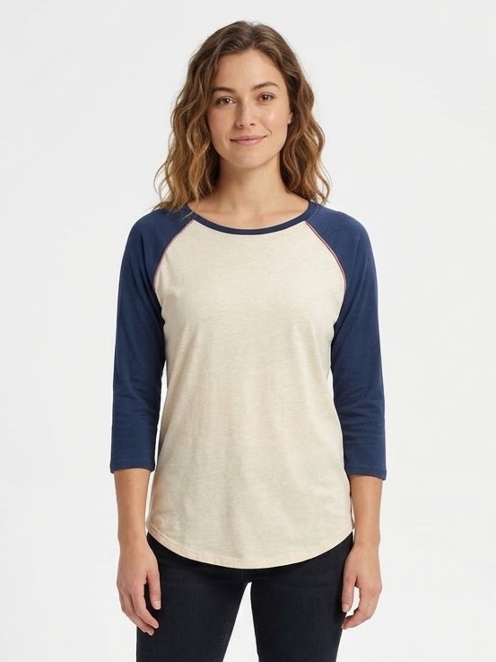 Burton Cream & Navy Raglan 3/4 Sleeve Baseball Tee Shirt Organic Cotton Medium